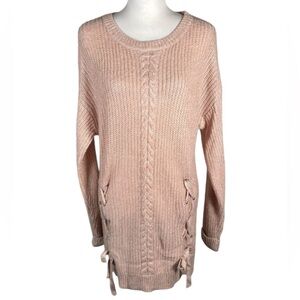 Alya Pink Crewneck Ribbed Cable Knit Long Sleeve Pullover Sweater Dress L